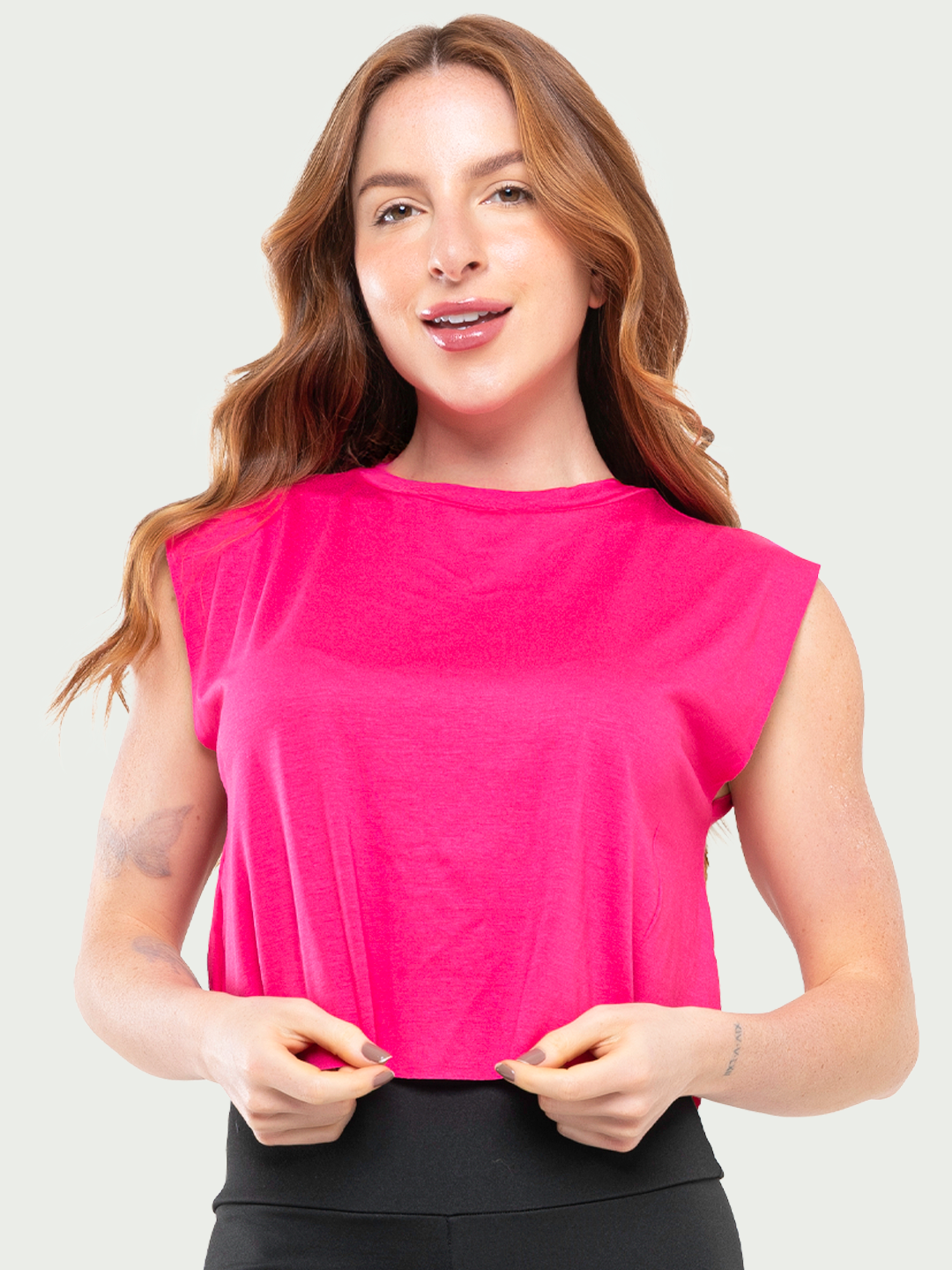 Regata Cropped Feminino Fitness Academia Rosa