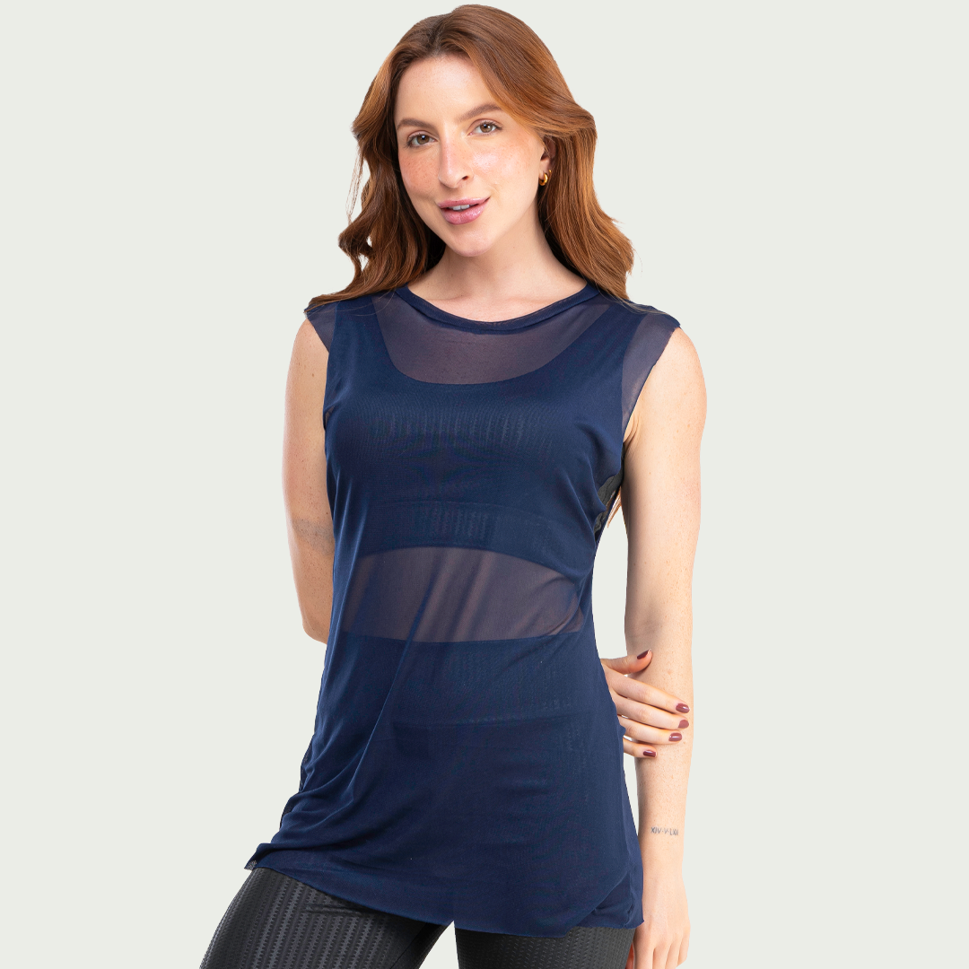 Blusa Transparente Tule Feminina Marinho