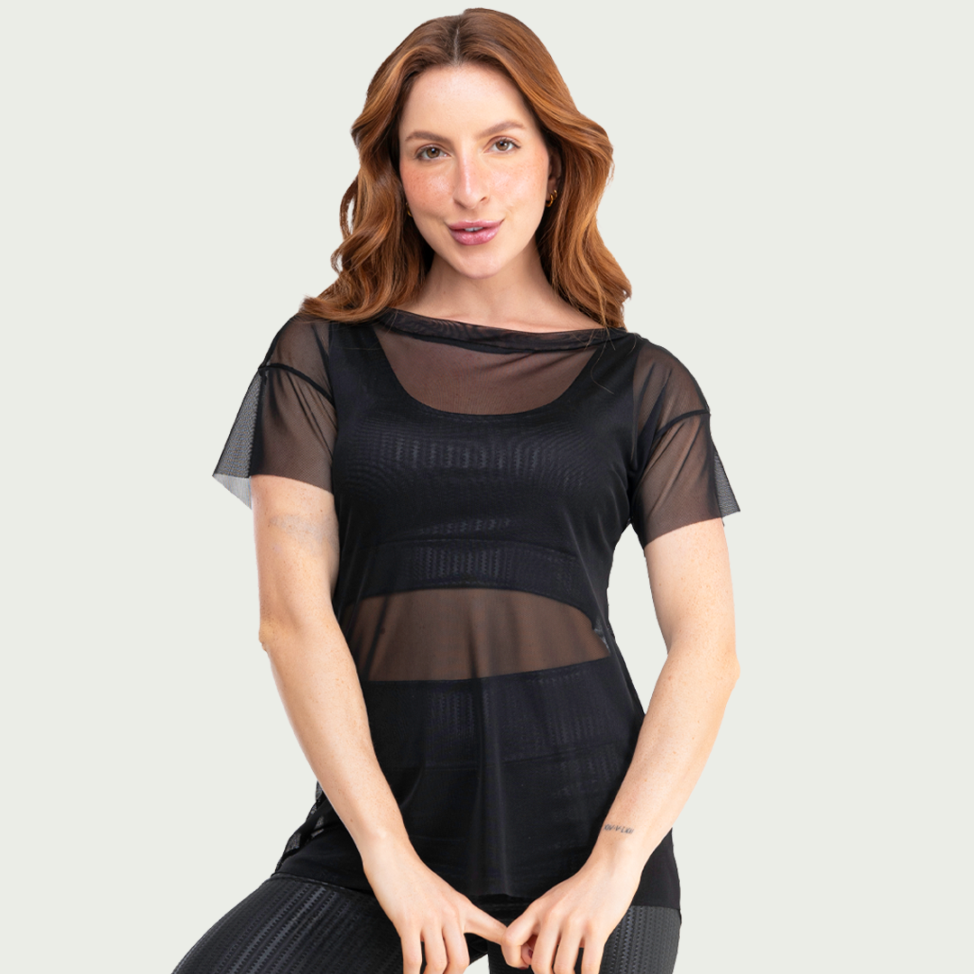 Blusa Transparente Tule Feminina Preta