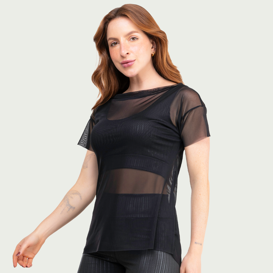 Blusa Transparente Tule Feminina Preta