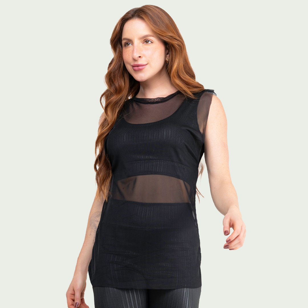Regata Transparente Tule Feminina Preto