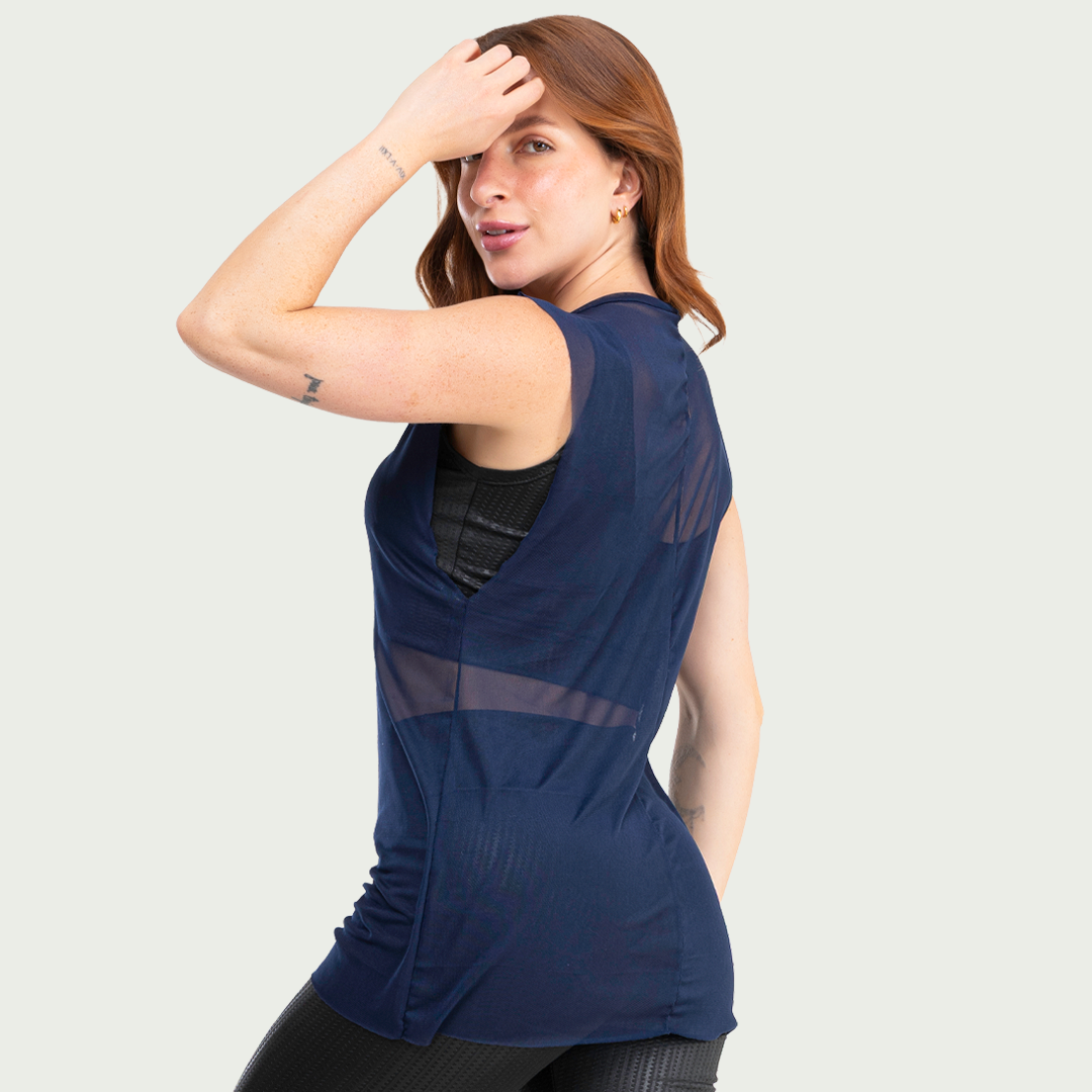 Blusa Transparente Tule Feminina Marinho