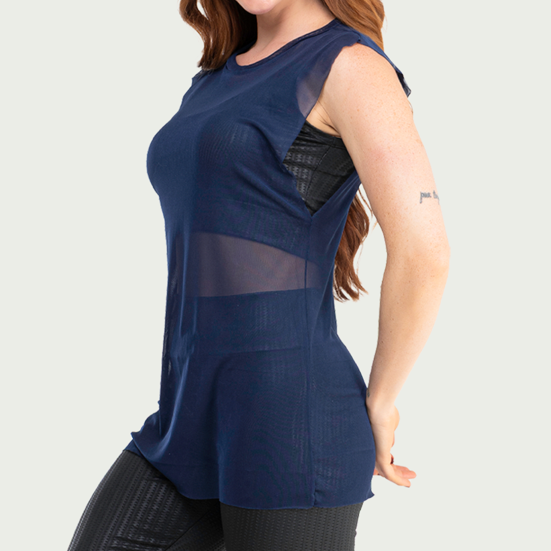 Blusa Transparente Tule Feminina Marinho
