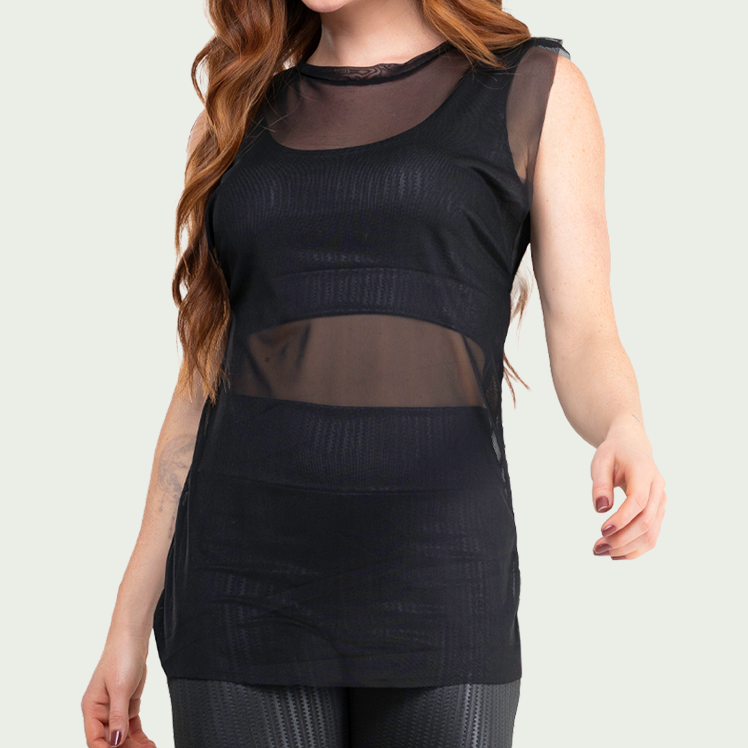 Regata Transparente Tule Feminina Preto