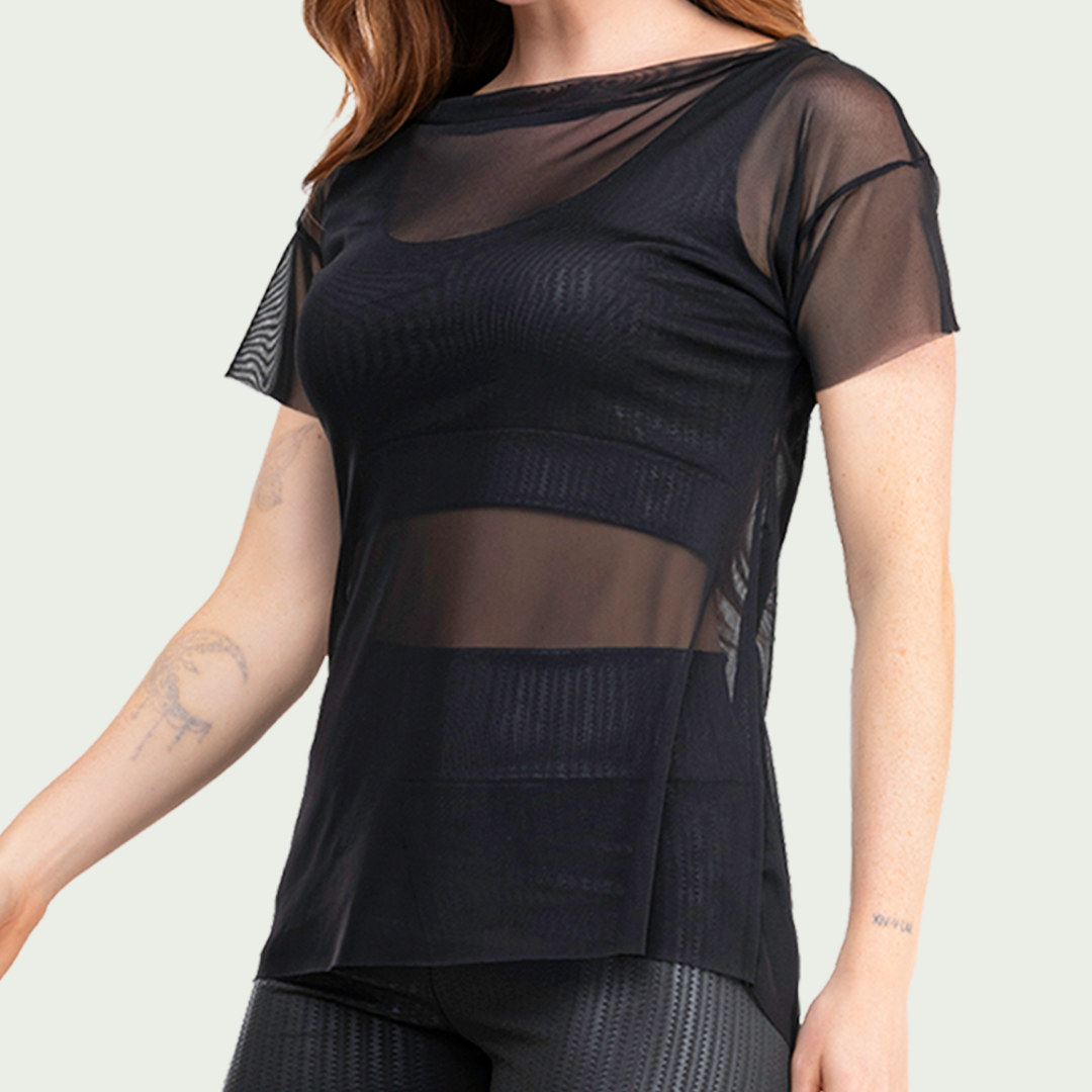 Blusa Transparente Tule Feminina Preta