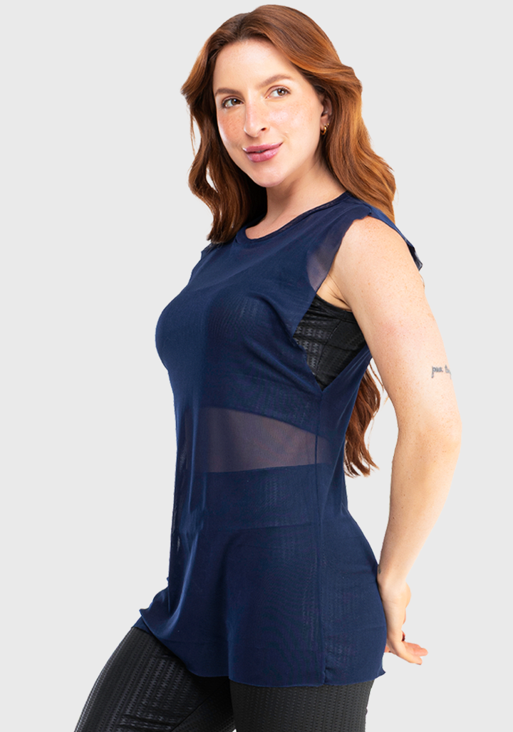 Blusa Transparente Tule Feminina Marinho