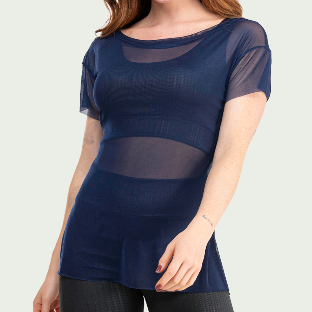 Blusa Transparente Tule Feminina Marinho
