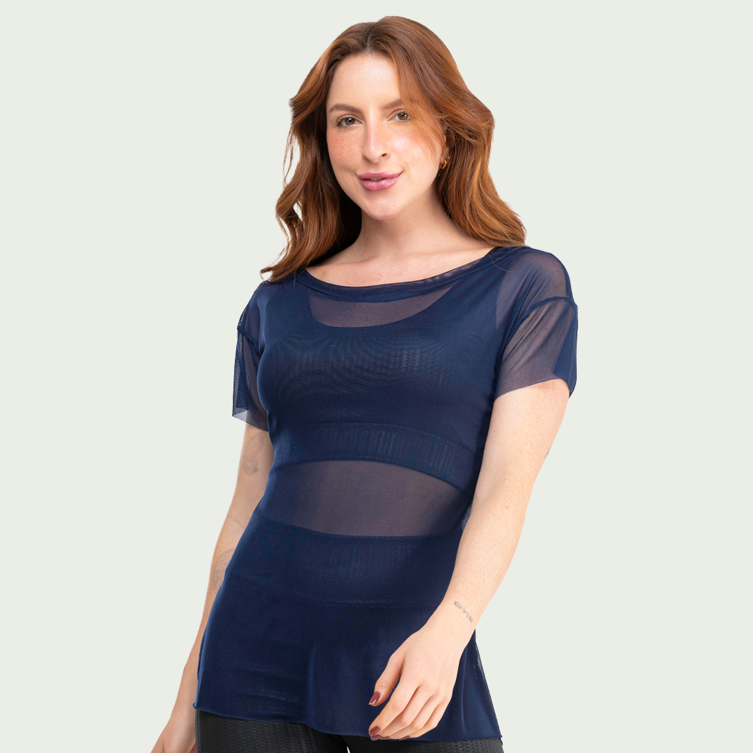 Blusa Transparente Tule Feminina Marinho