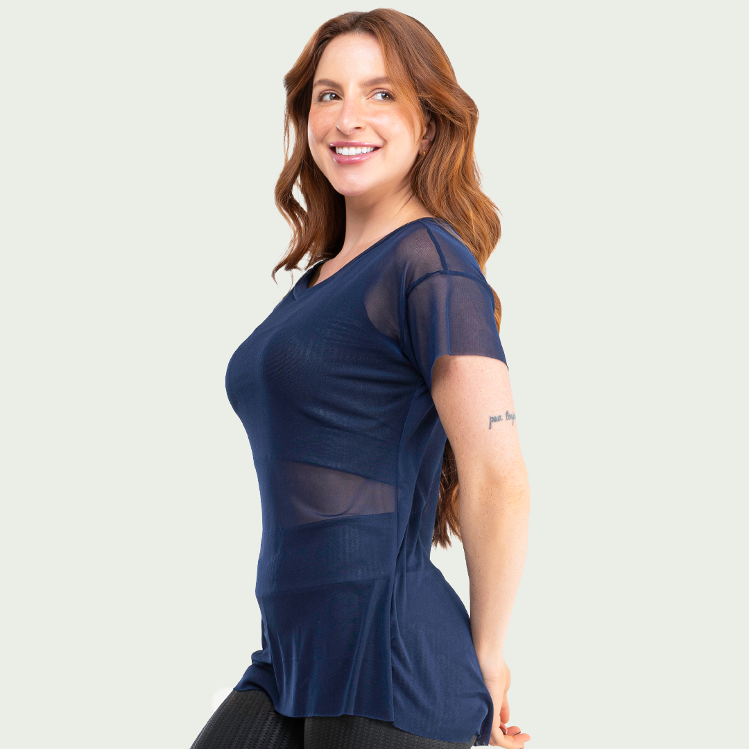 Blusa Transparente Tule Feminina Marinho