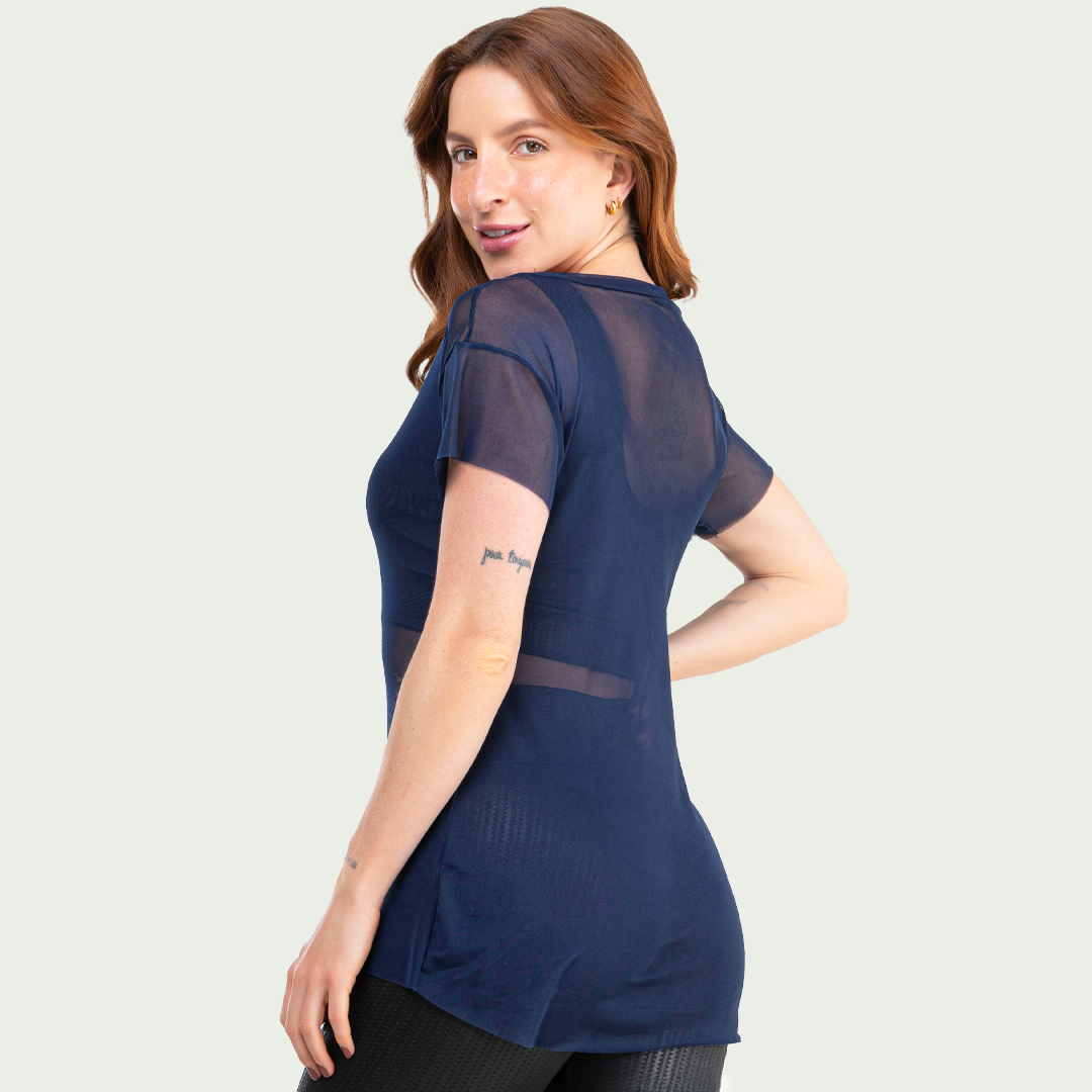 Blusa Transparente Tule Feminina Marinho